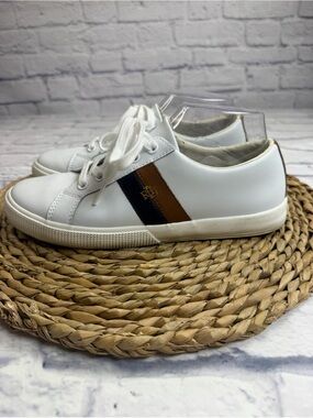 Ralph Lauren Women’s White Leather Sneakers with Brown & Navy Stripe. Size 8.